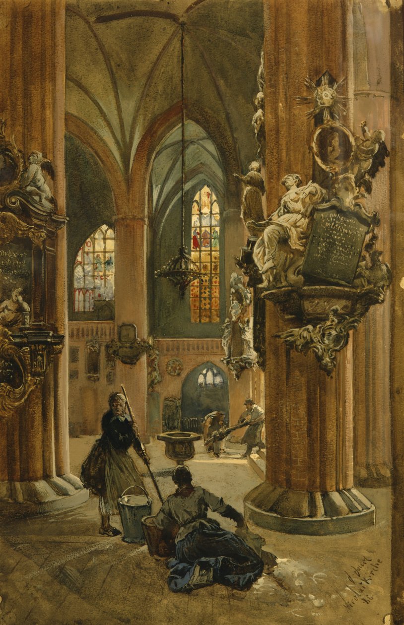 Interior da Igreja de São Nicolau, Berlim, 1886 (wc no papel) de Julius the Younger Jacob