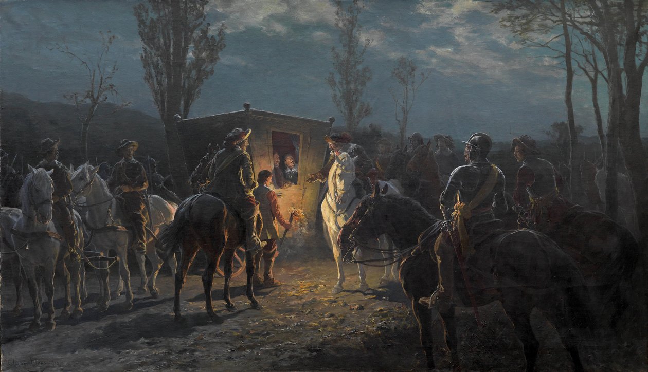 A cena da noite. Alpinistas sustentam uma carruagem nobre de Julius von Blaas  