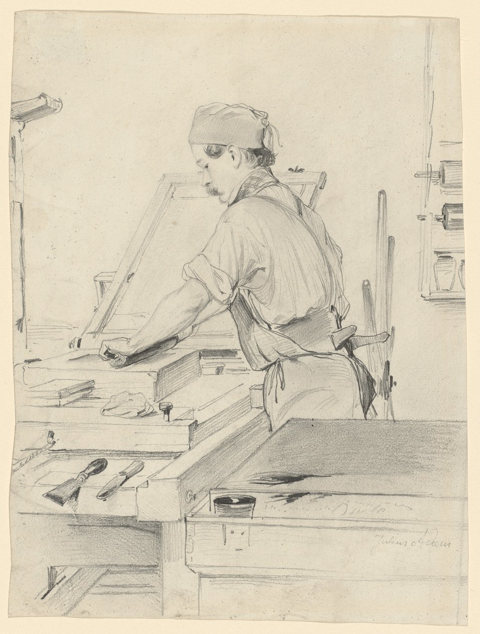 Autorretrato trabalhando em uma impressora litográfica de Julius Adam the Elder