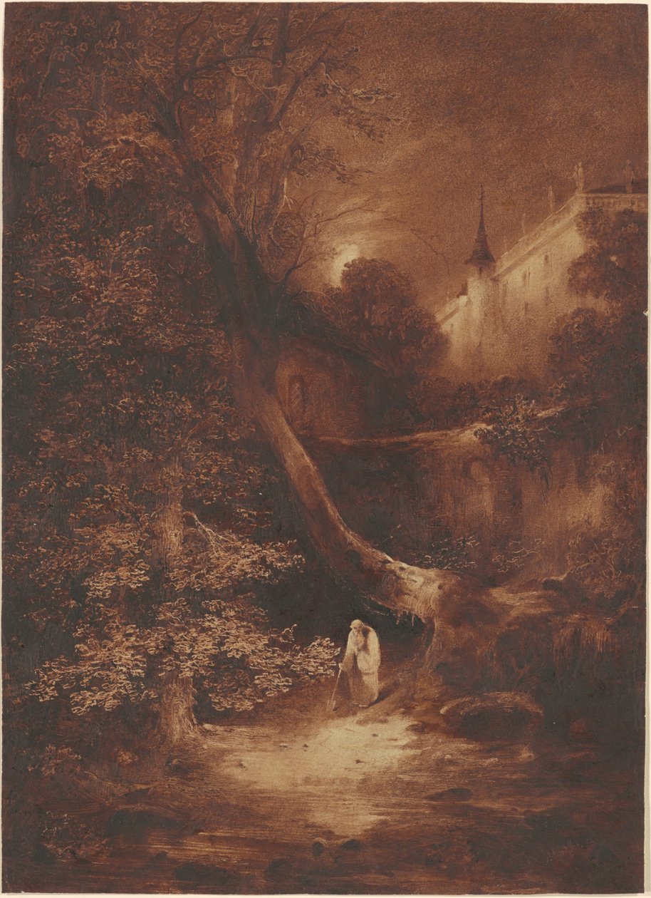 Paisagem enluarada com um monge caminhando perto de um palácio de Julius Albert Elsasser