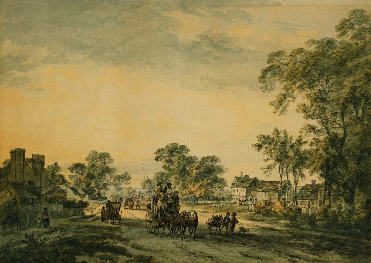 Um treinador e figuras em uma estrada aberta, de Julius Caesar Ibbetson