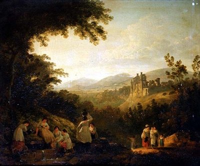 Uma Paisagem arborizada com lavadeiras junto a uma fonte de Julius Caesar Ibbetson