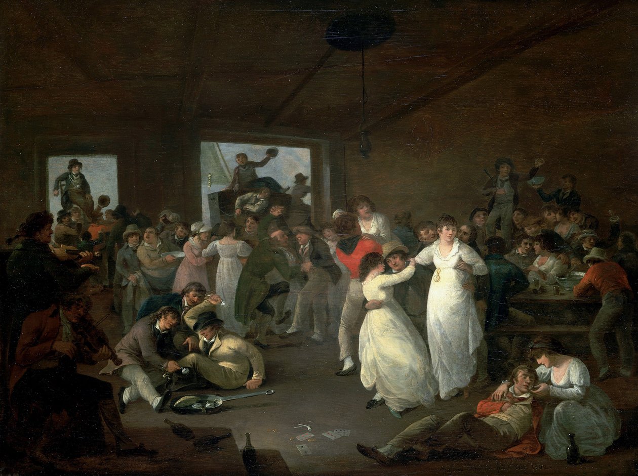 Bombardeamento de marinheiros, cena numa taberna em Portsmouth (Inglaterra). Óleo sobre madeira de Julius Caesar Ibbetson