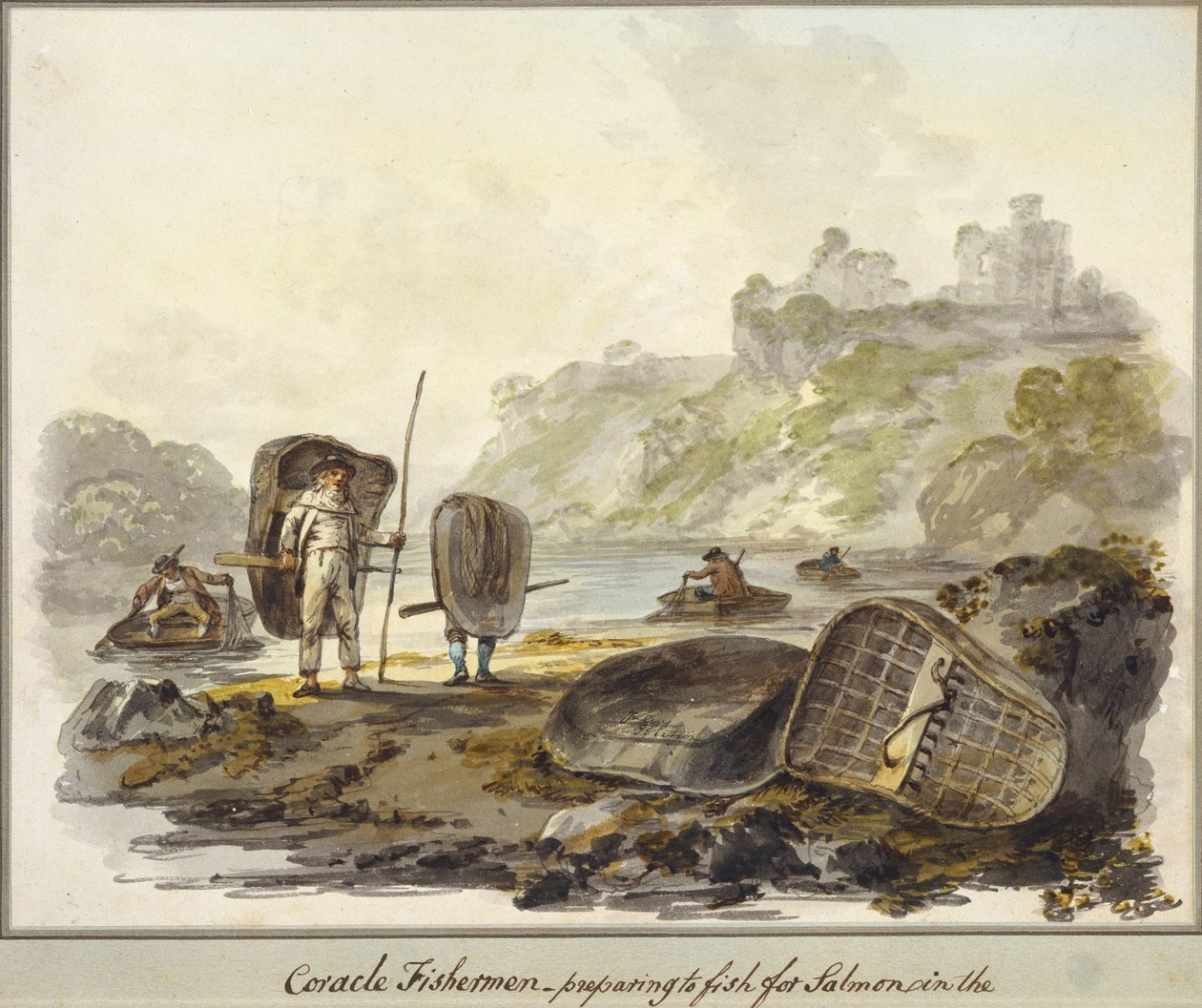 Pescadores de corais - preparação para a pesca do salmão (aguarela sobre papel) de Julius Caesar Ibbetson