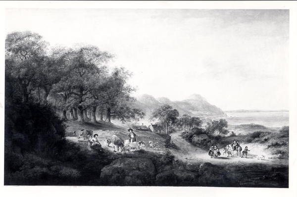 Vista Distante de Anglesea (óleo sobre tela) (impressão a preto e branco) de Julius Caesar Ibbetson