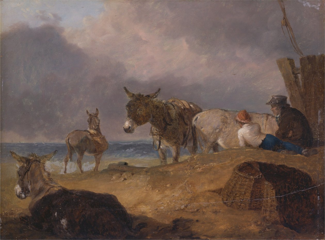 Burros e figuras numa praia de Julius Caesar Ibbetson
