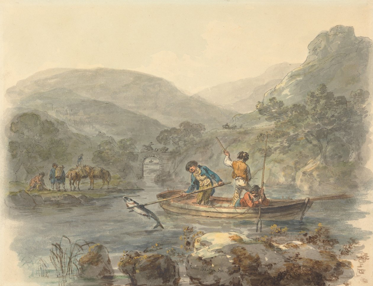 Pesca do salmão à lança de Julius Caesar Ibbetson