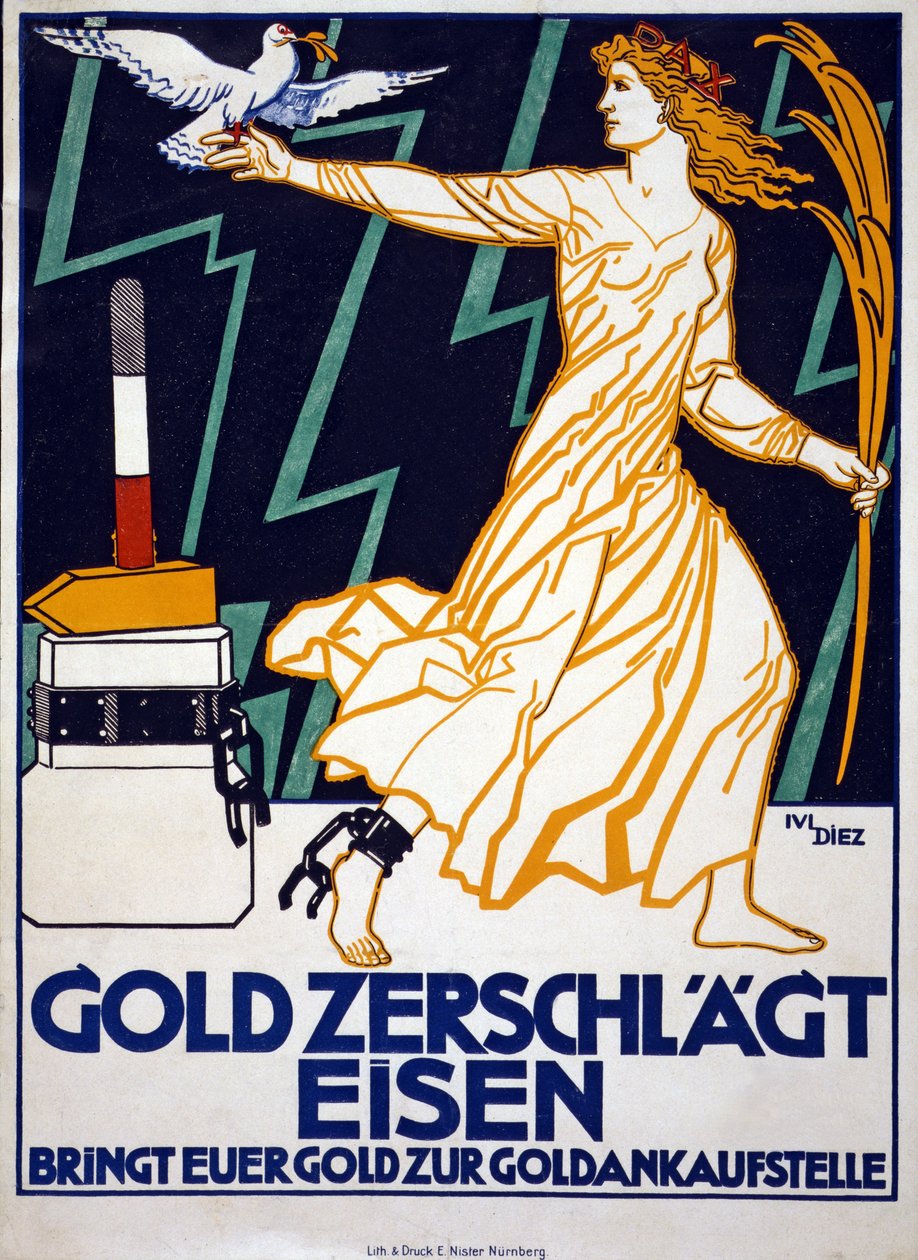 Campanha alemã de angariação de fundos para a Primeira Guerra Mundial "O ouro esmaga o ferro. Traga o seu dinheiro para o centro de compra de ouro" de Julius Diez