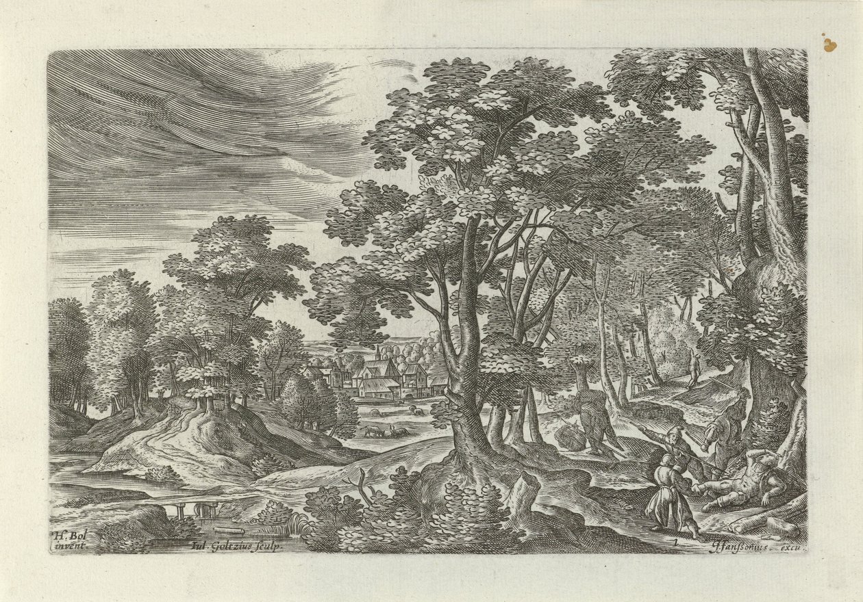 Paisagem com roubo no viajante Paisagens com cenas da parábola do bom samaritano (título da série) de Julius Goltzius