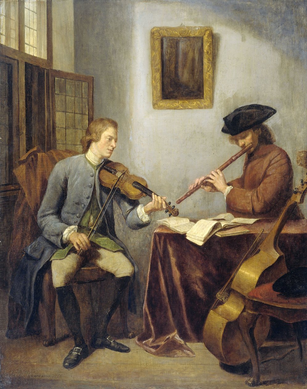 Os músicos, um violinista e um flautista fazendo música juntos, 1755 de Julius Henricus Quinkhard