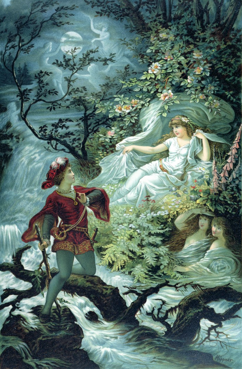 O cavaleiro Hulbrand com Undine, ilustração para o conto &39;Undine&39; pelo barão de la Motte Fouque, 1909 de Julius Hoeppner