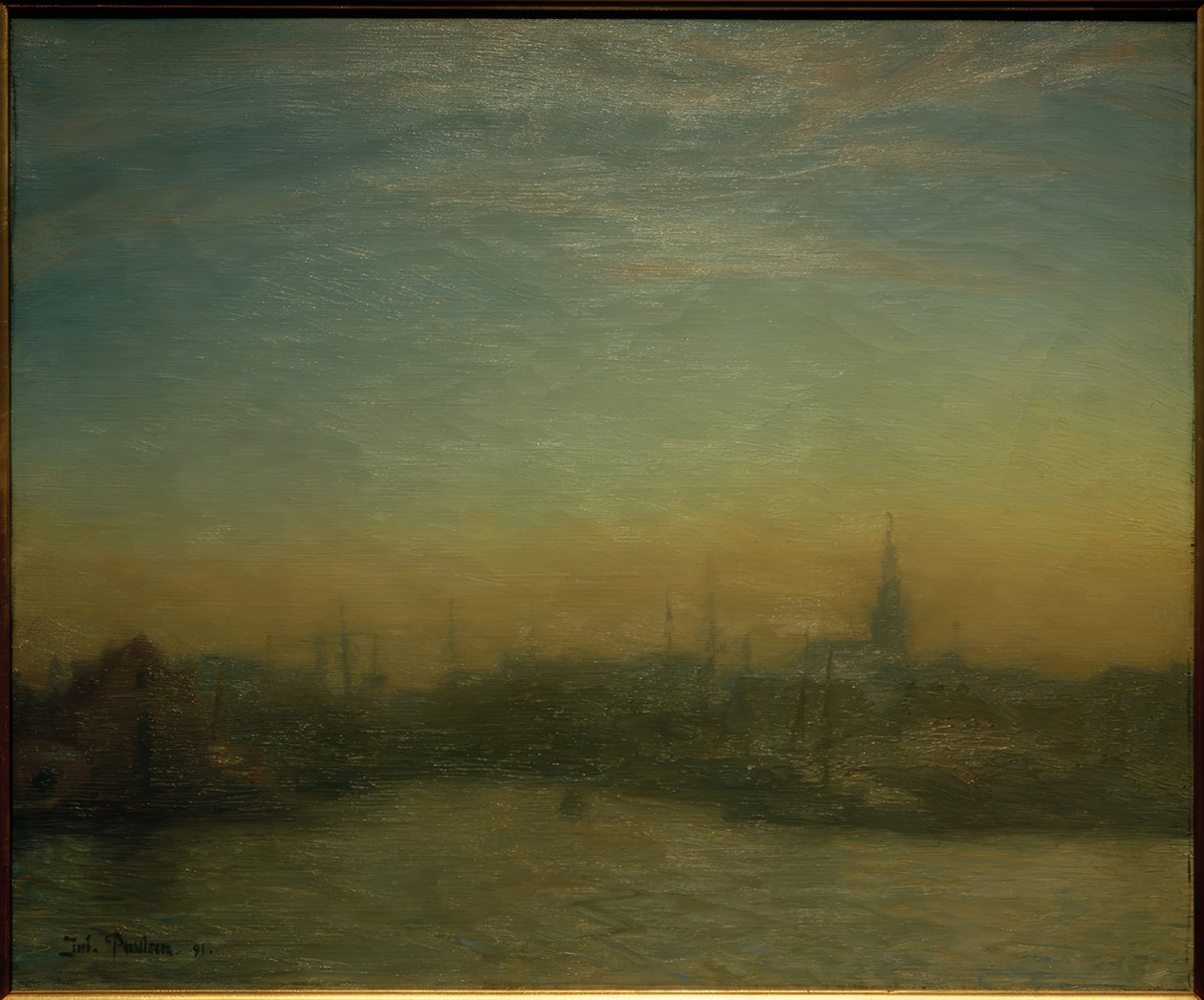 Vista do porto após o pôr do sol. Copenhague de Julius Paulsen