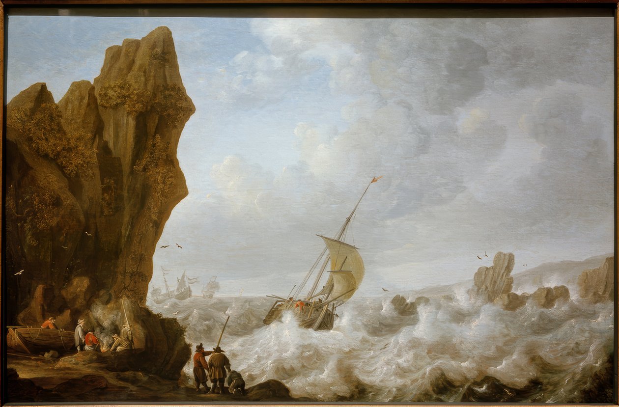 Barco de pesca no mar tempestuoso na frente de uma costa rochosa de Julius Porcellis