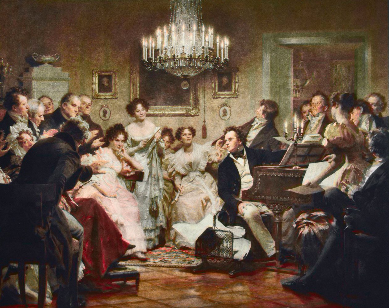 Franz Schubert (1797-1828) ao piano durante uma noite de Schubert num salão de Viena - gravação depois de Julius Schmid (1854-1935) de Julius Schmid