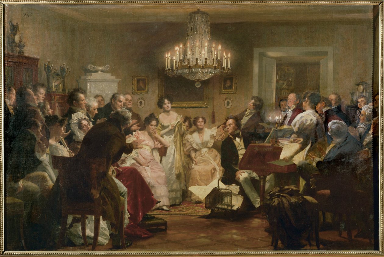Schubert ao piano durante uma Noite de Schubert num salão de Viena ... (pintura a óleo) de Julius Schmid