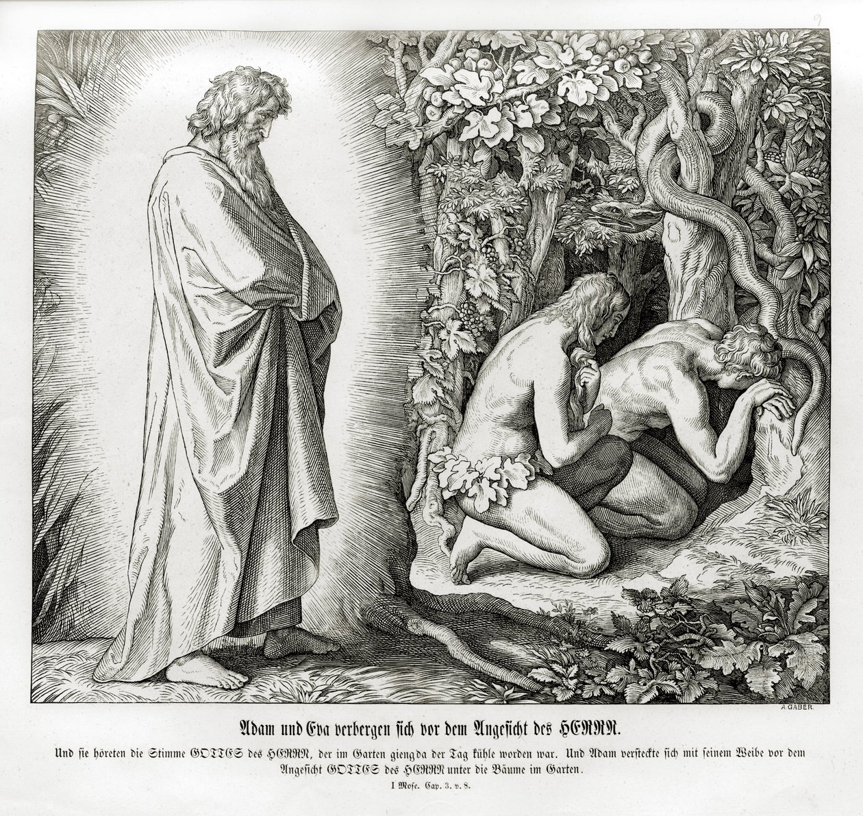 Adão e Eva escondem a sua nudez, Génesis de Julius Schnorr von Carolsfeld