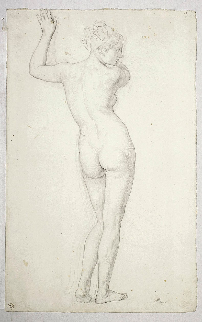 Nu feminino em pose de pé, visto de costas; verso, contorno de um nu feminino de Julius Schnorr von Carolsfeld