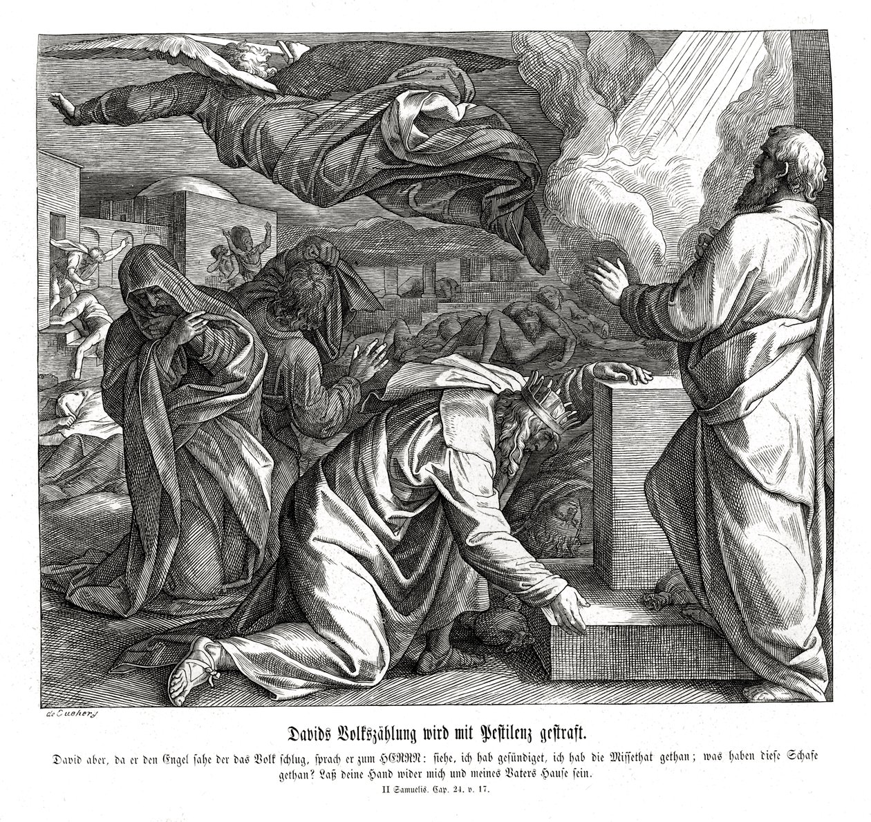 David é punido por numerar o povo, 2 Samuel. de Julius Schnorr von Carolsfeld