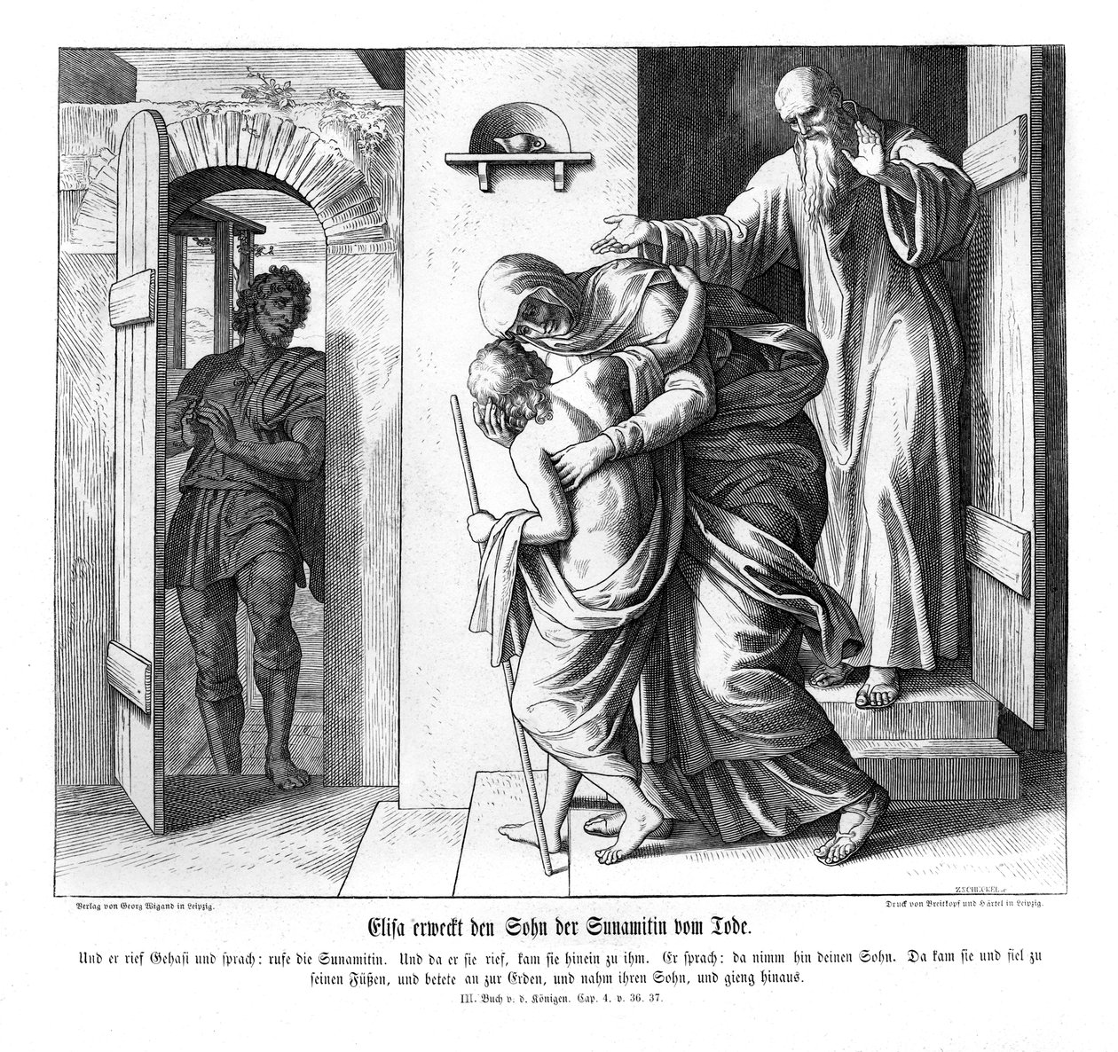 Eliseu ressuscita o filho de Shunammite, 2 Reis. de Julius Schnorr von Carolsfeld