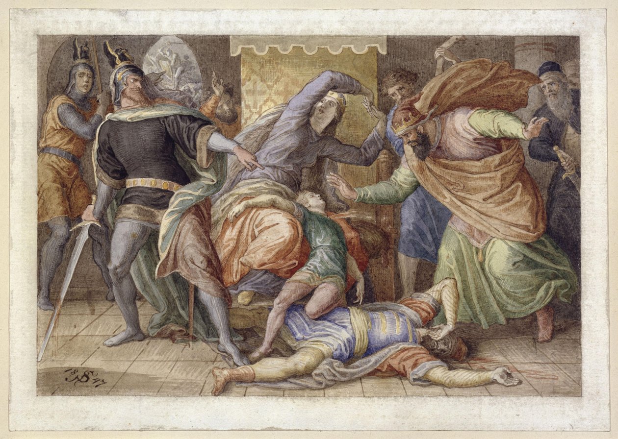Hagen mata Ortlieb (Ortlieb moribundo no colo de Kriemhild; baseado no «Canto dos Nibelungos») de Julius Schnorr von Carolsfeld