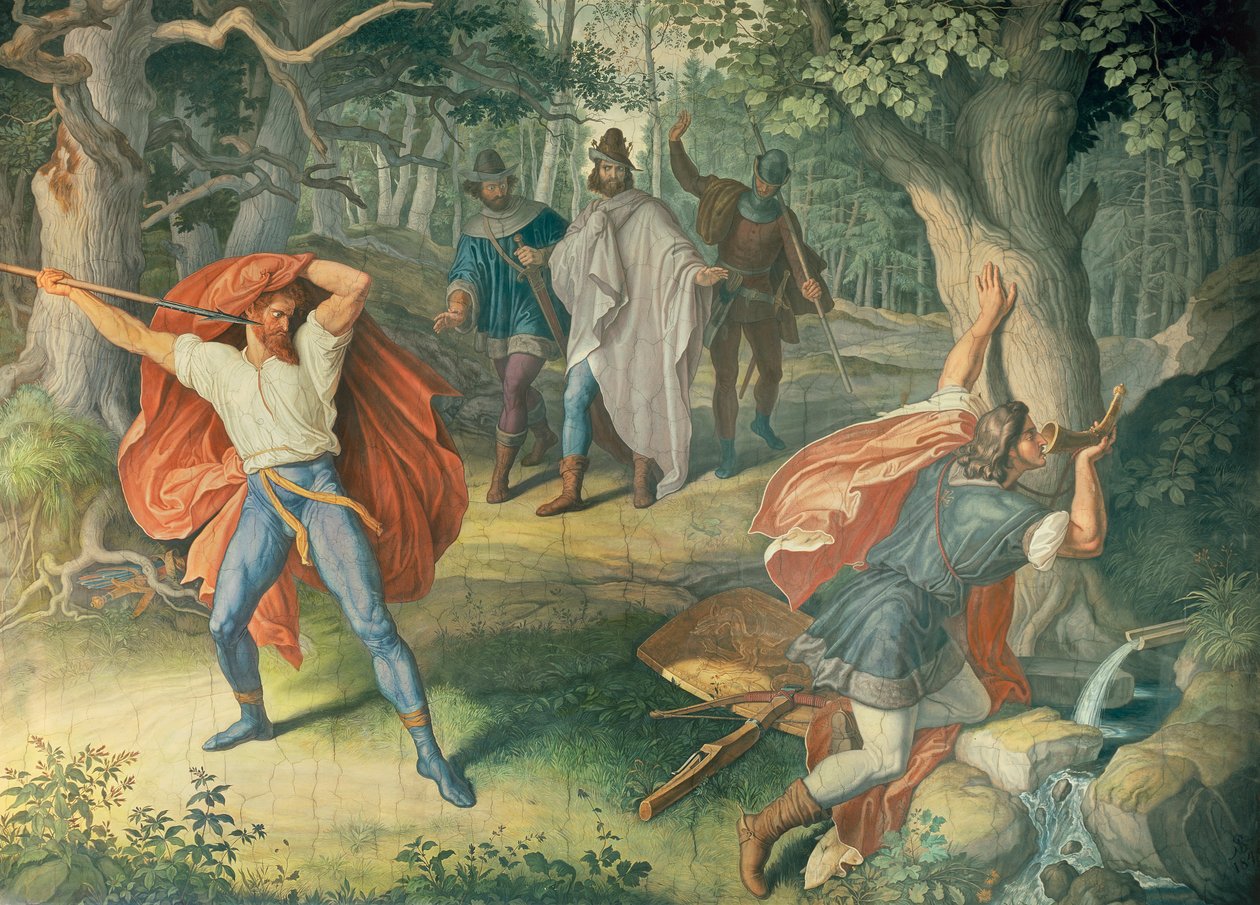Hagen a matar Siegfried na fonte, Salão de Nibelungens de Julius Schnorr von Carolsfeld