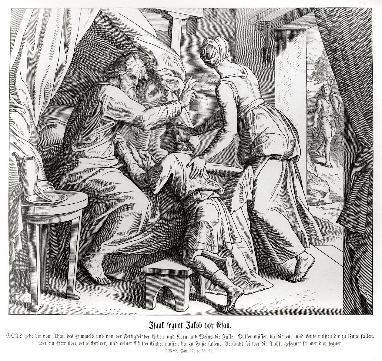 Isaac abençoa Jacob no lugar de Esaú, Gênesis de Julius Schnorr von Carolsfeld