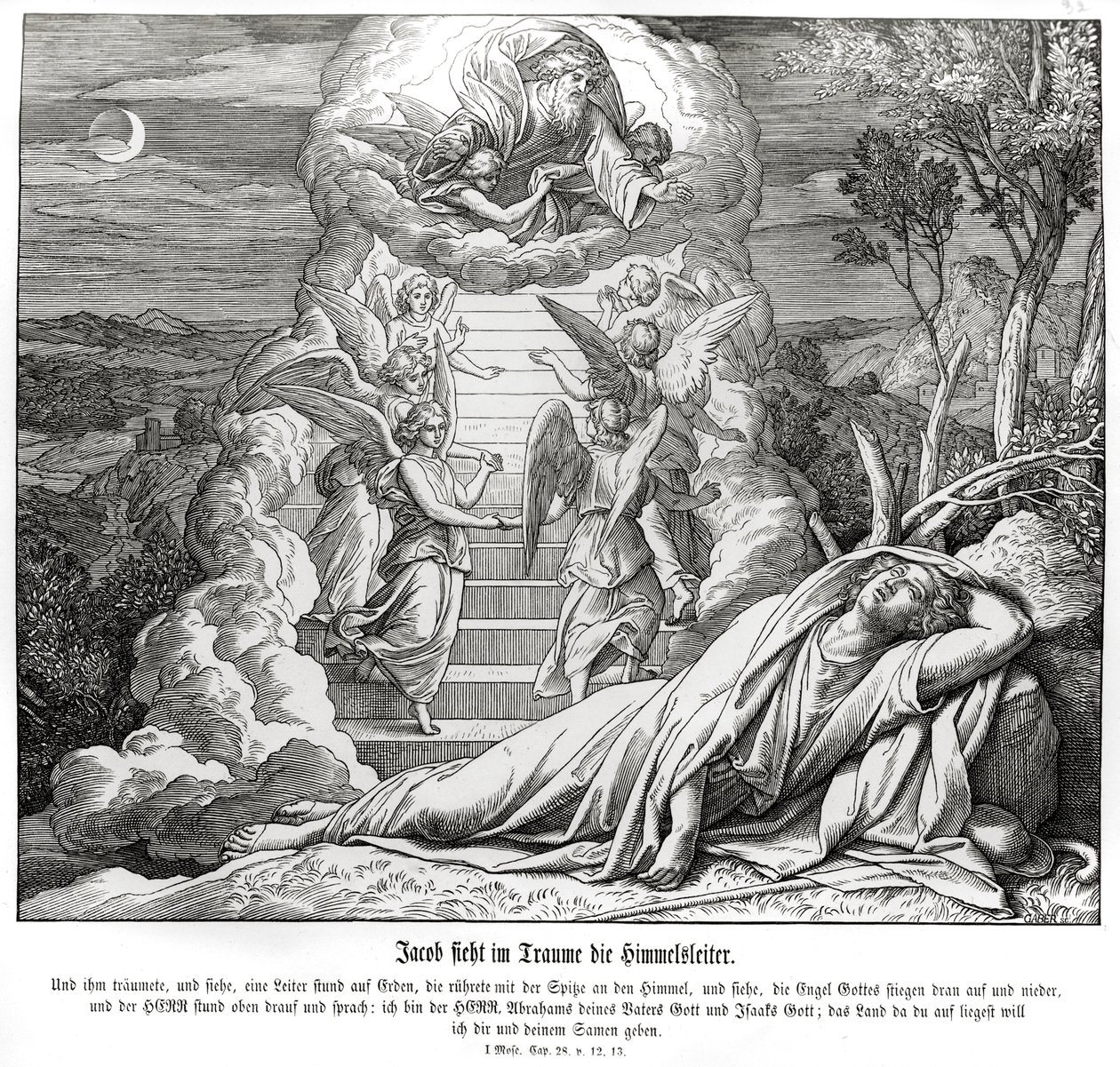 Jacob sonha com a escada para o céu, Gênesis de Julius Schnorr von Carolsfeld