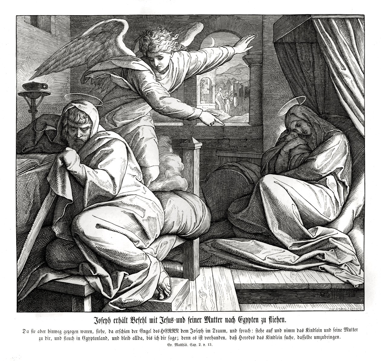 José é avisado para fugir para o Egito, Evangelho de Mateus de Julius Schnorr von Carolsfeld