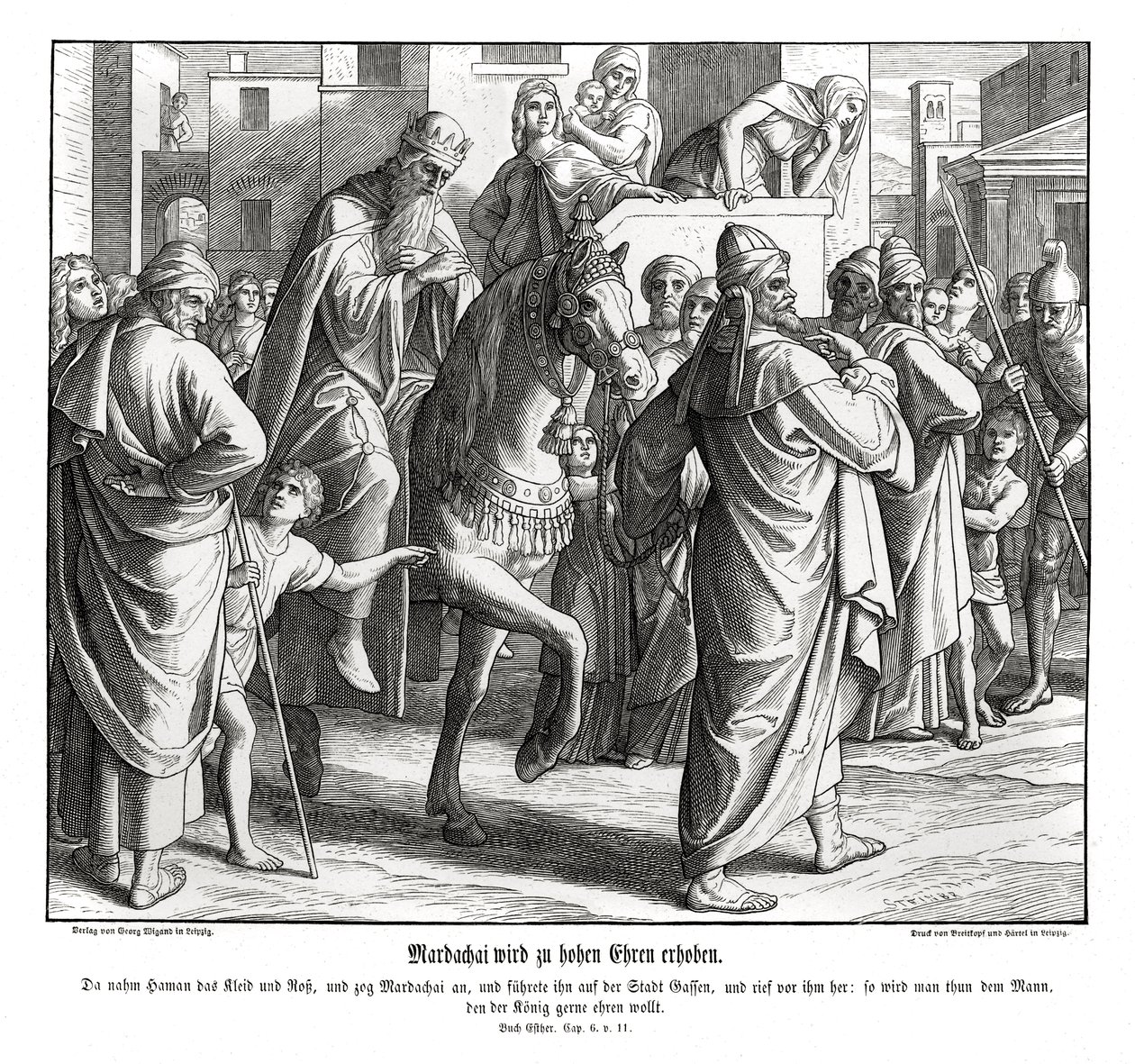 Mordecai é homenageado pelo rei, Esther. de Julius Schnorr von Carolsfeld