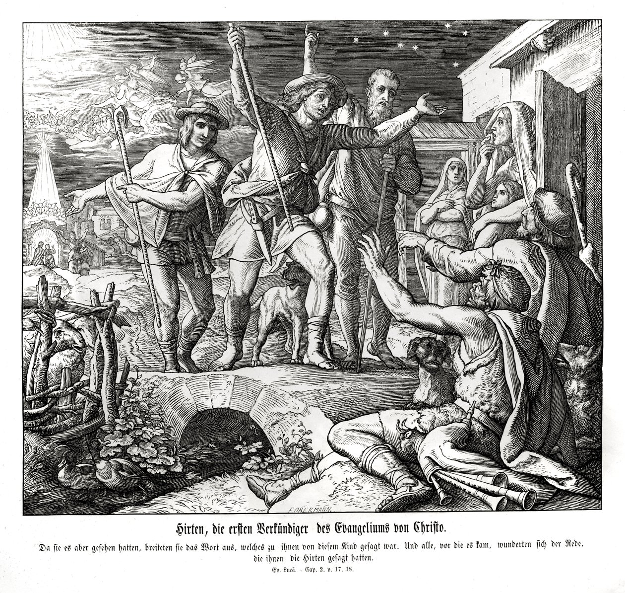 Pastores anunciam o evangelho, Evangelho de Lucas de Julius Schnorr von Carolsfeld