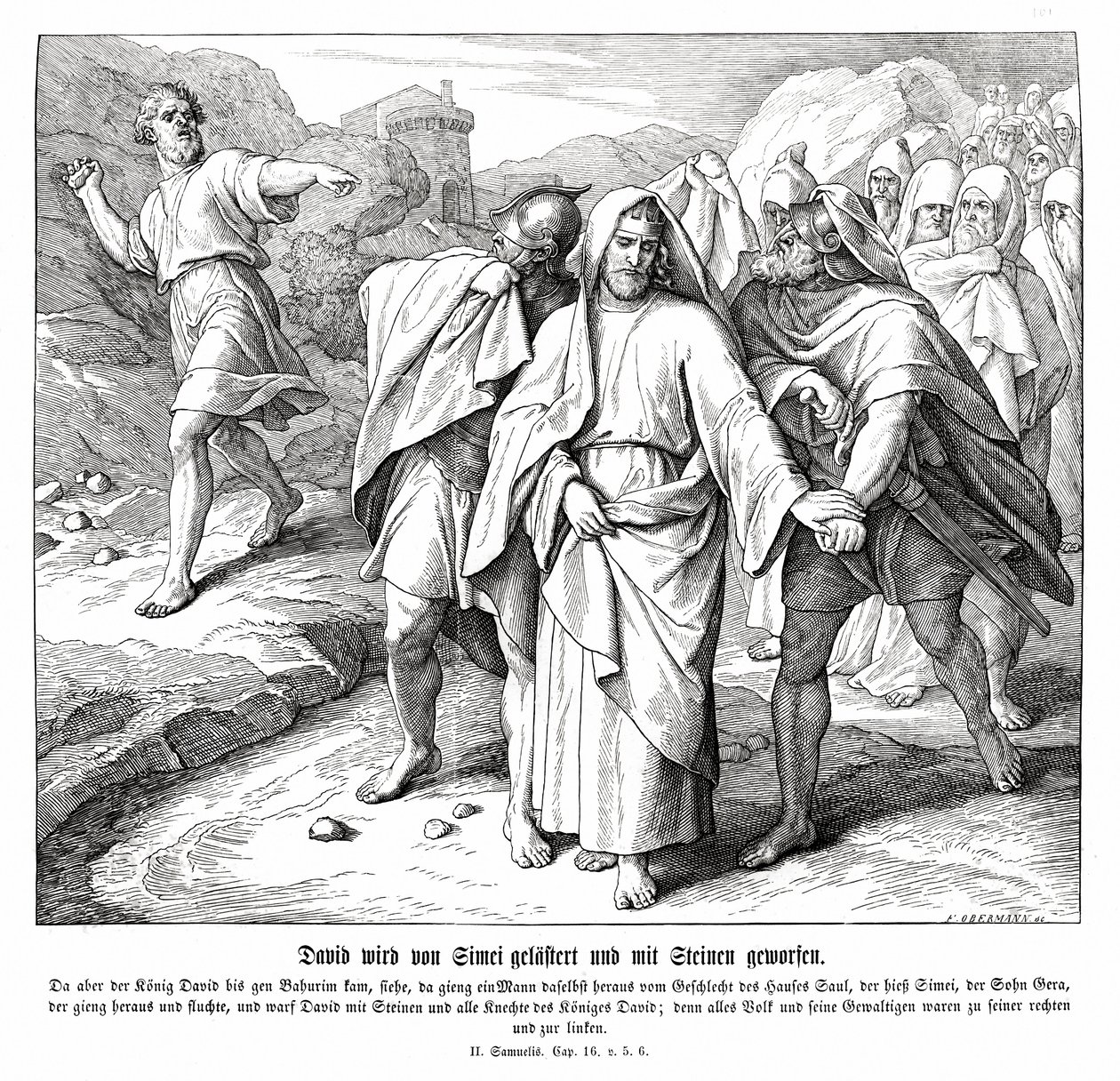 Shimei amaldiçoa e atira pedras a David, 2 Samuel de Julius Schnorr von Carolsfeld