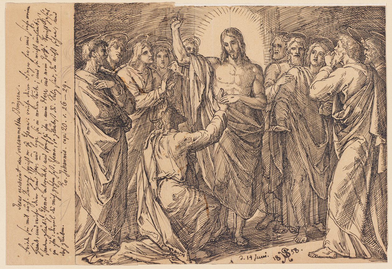 Jesus aparece aos discípulos reunidos. A paz esteja convosco. Depois diz a Tomé: ...? de Julius Schnorr von Carolsfeld