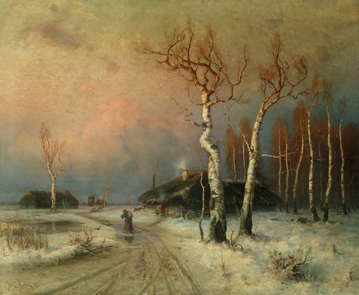 Uma aldeia numa paisagem de Inverno arborizada (petróleo) de Julius Sergius Klever