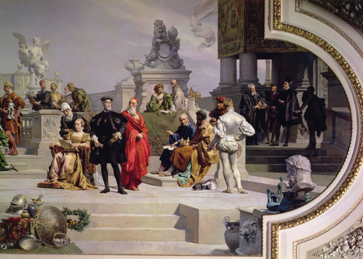 Patronato das Artes pela Casa de Habsburgo: seção da mão esquerda de uma pintura de teto, 1891 (ver também 70755 e 70756) de Julius Victor Berger