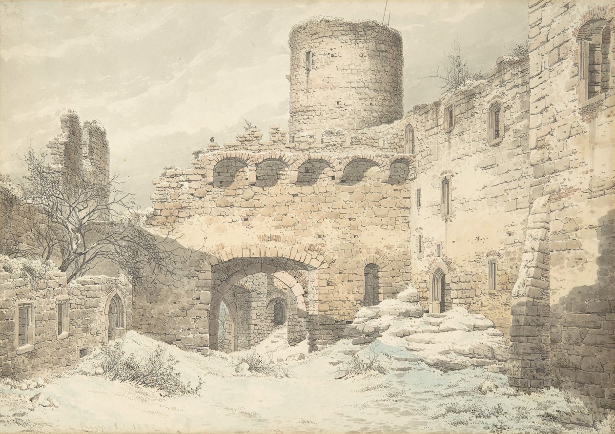 Vista de Inverno do Pátio de um Castelo Medieval em Ruínas, 1832. de Julius von Leypold