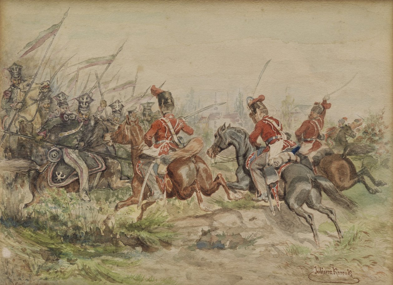 Soldados poloneses lutando russo. Aquarela. de Juliusz Fortunat Kossak