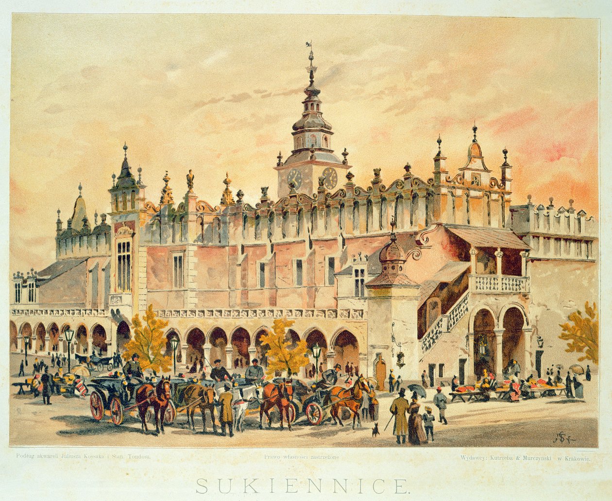 O Sukiennice, Cracóvia, de &39;Klejnoty Miasta Krakowa&39;, publicado em 1899 de Juliusza and Tondosa Kossaka