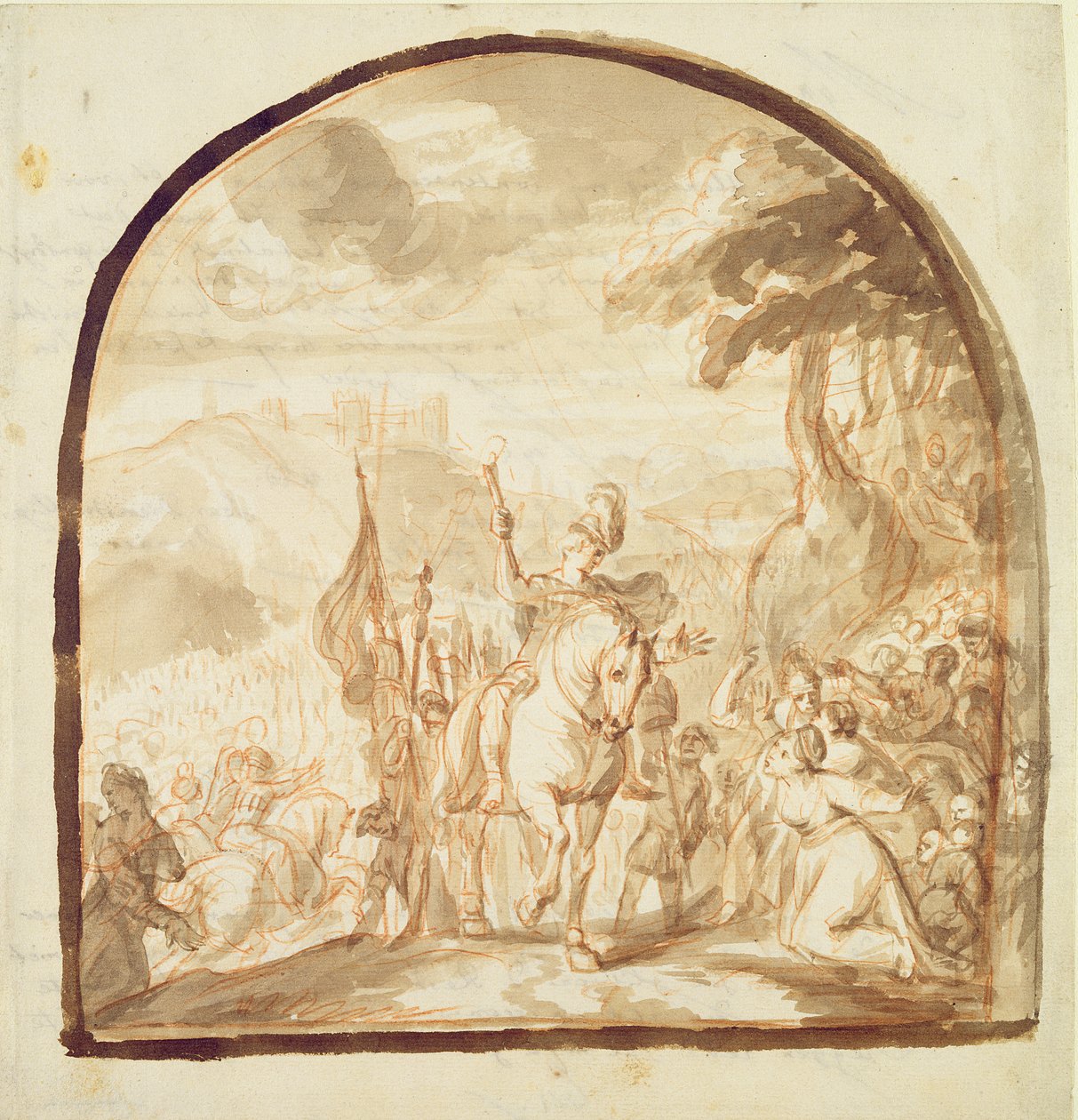 Claudius Civilis Deixando as mulheres e crianças para ir e lutar em Xanten, 1662 (caneta e tinta marrom e giz no papel) de Jürgen Ovens