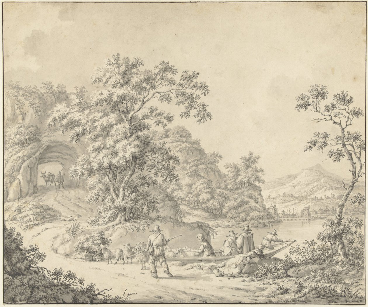 Paisagem com uma barcaça contendo um pastor de ovelhas com o seu rebanho de Jurriaan Andriessen (attributed to)