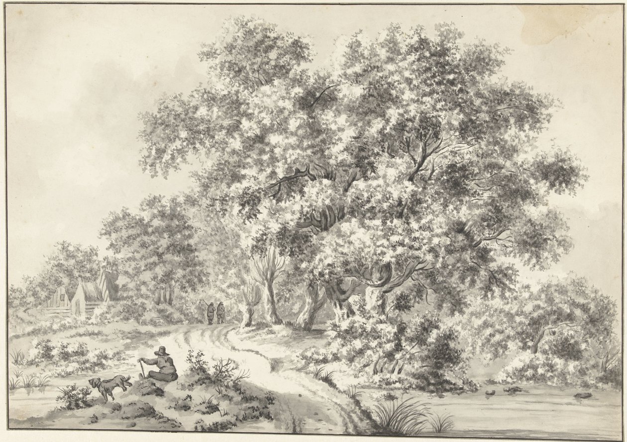 Paisagem com homem sentado com cão e andarilhos na estrada do campo de Jurriaan Andriessen (possibly)