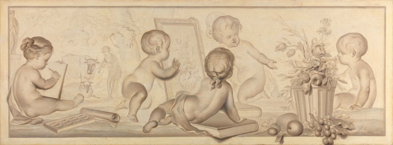 Seis Putti com Flores e Frutas e Atributos da Arte do Desenho de Jurriaan Andriessen (signed by artist)