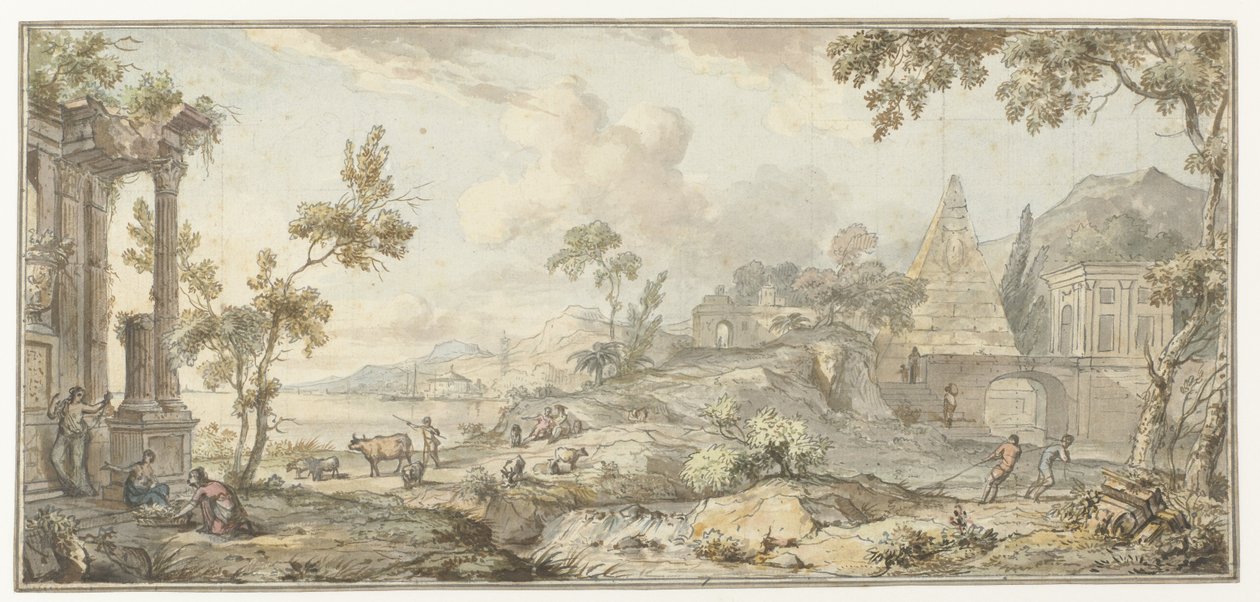 Desenho para uma pintura de sala com paisagem e pirâmide da costa sul de Jurriaan Andriessen