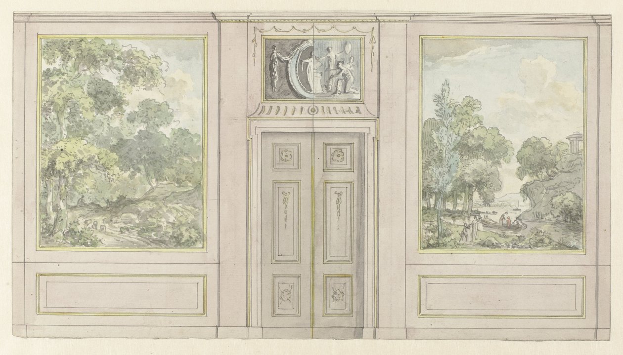 Projeto para parede de sala com duas variantes para o painel sobre a porta de Jurriaan Andriessen