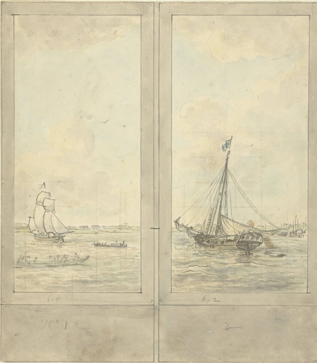 Desenho para dois papéis de parede: rio com navios na Holanda de Jurriaan Andriessen