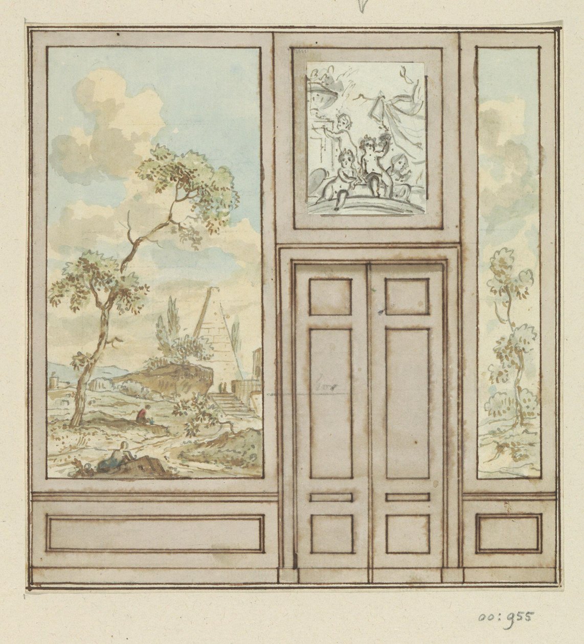 Desenho de projecto para uma parede de quarto com porta de Jurriaan Andriessen