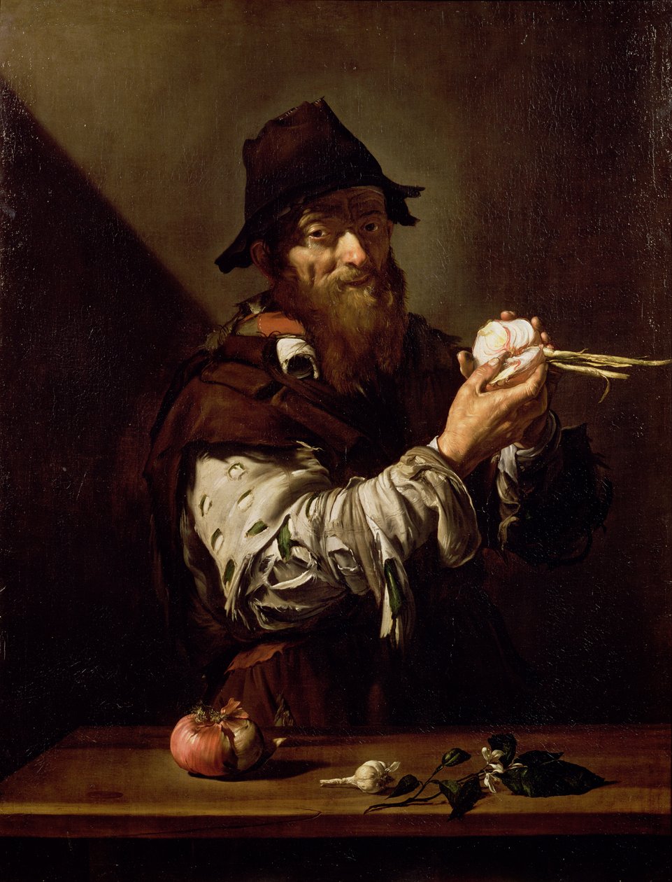 Retrato, de, um, homem velho, com, um, cebola de Jusepe de Ribera