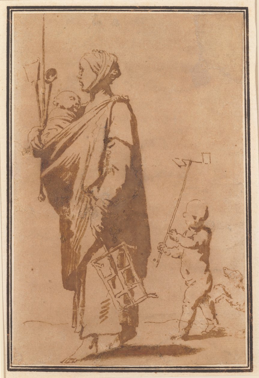 Mãe carregando uma criança e utensílios de cozinha, seguida por um menino e um cachorro de Jusepe de Ribera