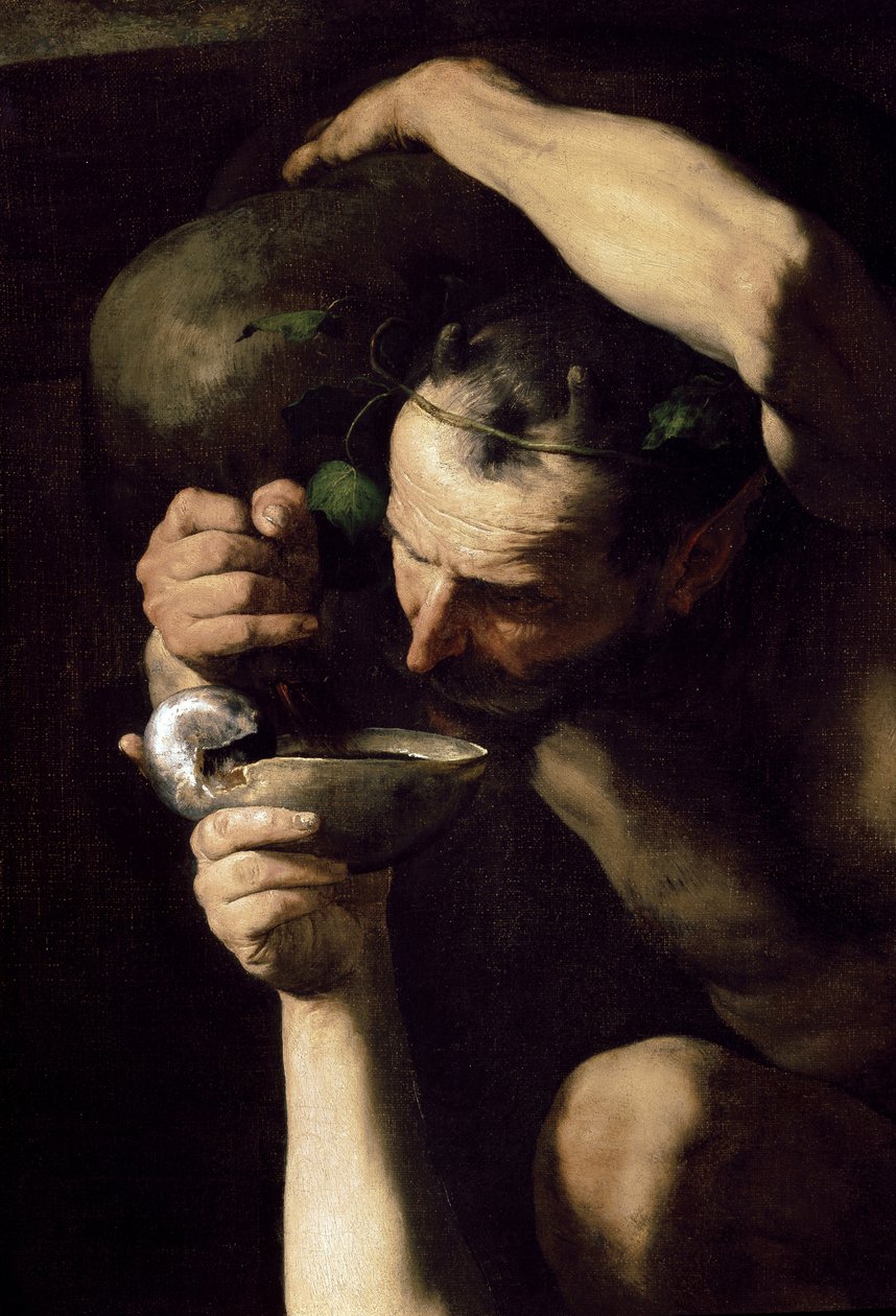 Silenus bêbado - O silene bêbado (detalhe). Pintura por José (Jusepe) de Ribera, dit lo Spagnoletto (1591-1652) de Jusepe de Ribera