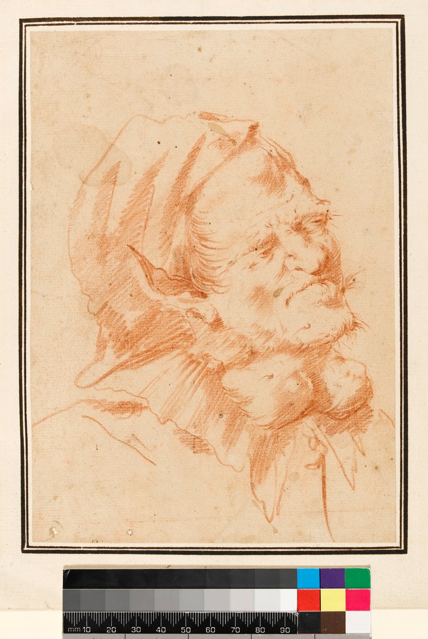 Cabeça grotesca, homem com bócio (giz vermelho) de Jusepe de Ribera