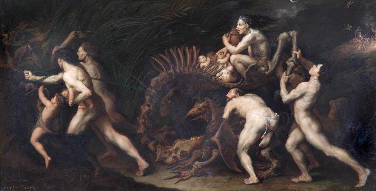 La Carcasse : Uma bruxa a ser puxada sobre o esqueleto de um monstro, pré c.1620 (óleo sobre cobre) de Jusepe de Ribera